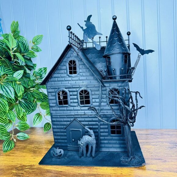 RARE Haunted House 14.5”Tall Halloween Tea Light Witch Cat Bat Spooky Fence Tree
